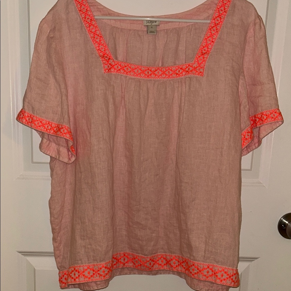 J. Crew Pink Linen Tunic with Neon Coral Embroidery